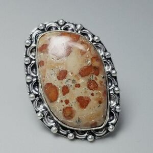Vintage Brown Speckled Cabochon Stone Ring, Size 8 Silver Tone Band, Estate